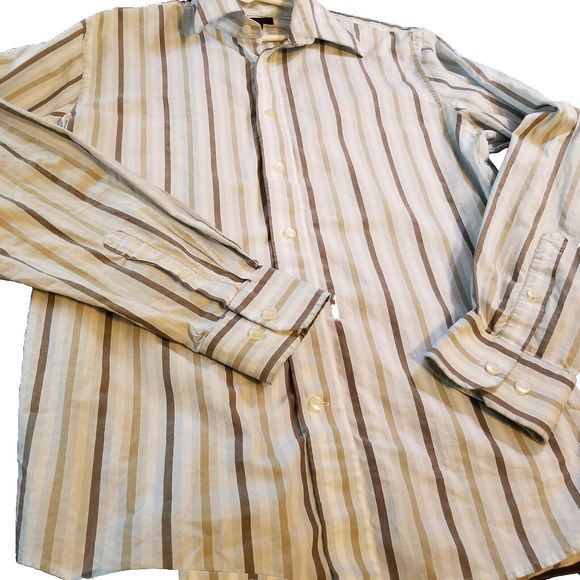 Express Button Up Shirt Men Sz Large 16 Brown Stripes Modern Fit Long Sleeve - Picture 2 of 15